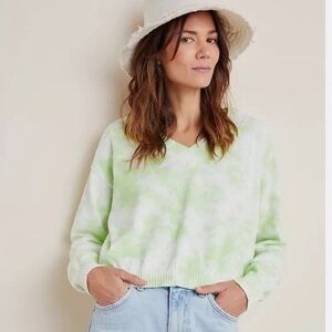 Anthropologie Green Tie-Dye V-Neck Sweater